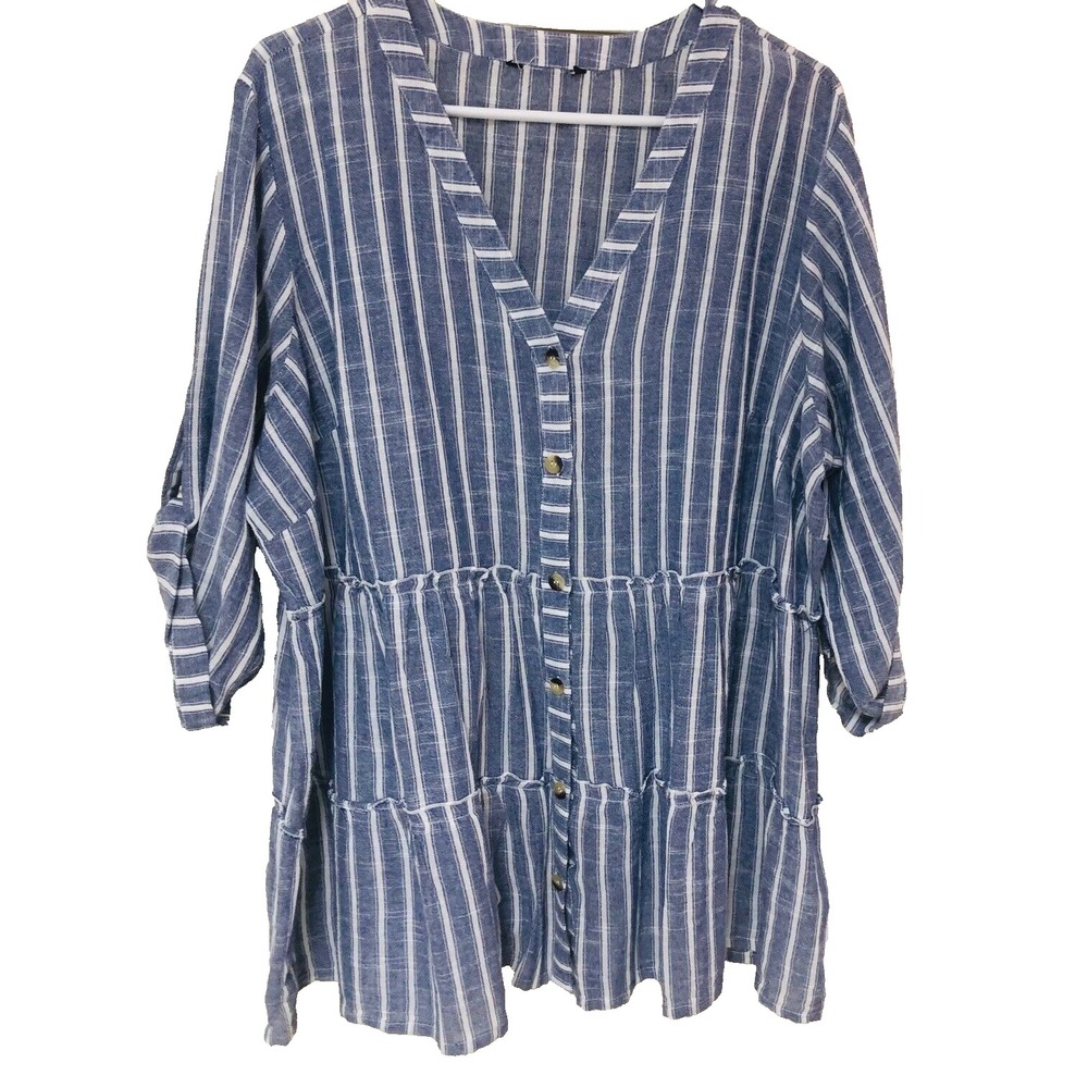 Club Z Womens Babydoll Tunic Top Blue Striped Button Up Feminine Tiers 1X‎ 2X